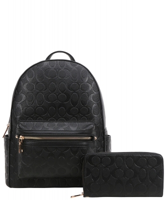 2In1 Oval Pattern Zipper Backpack with Wallet Set JY-8578W BLACK